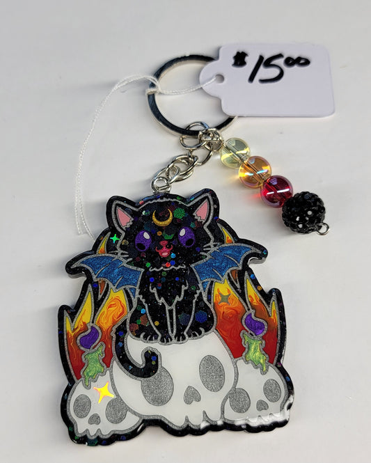 Flame Skull Kitty Keychain