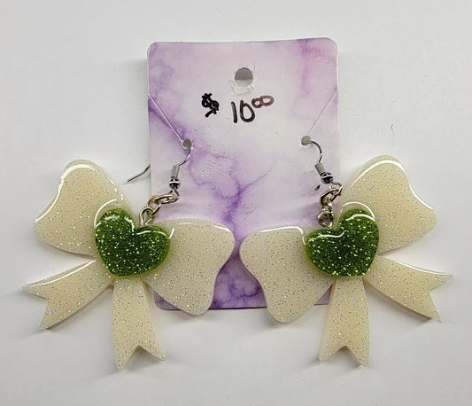 White and Green Bow Earrings