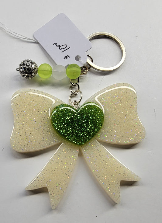 White and Green Bow Keychain